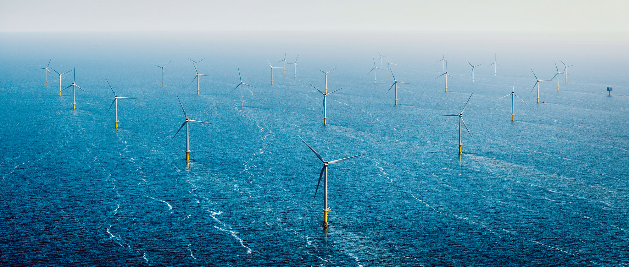 Around twenty wind turbines standing in the sea