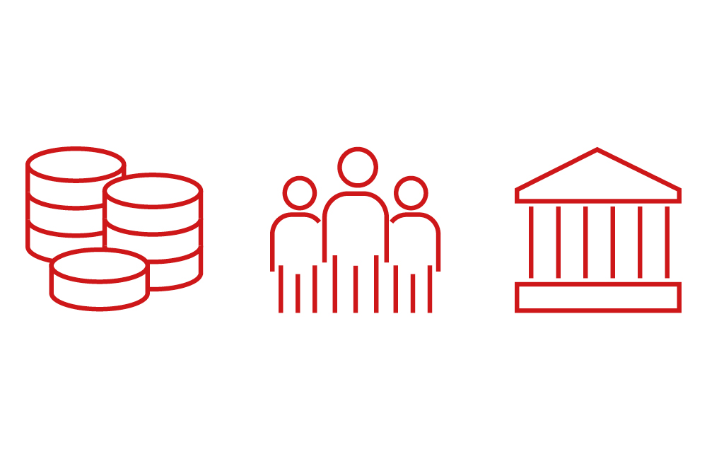 Money icon, people icon and greek temple icon.