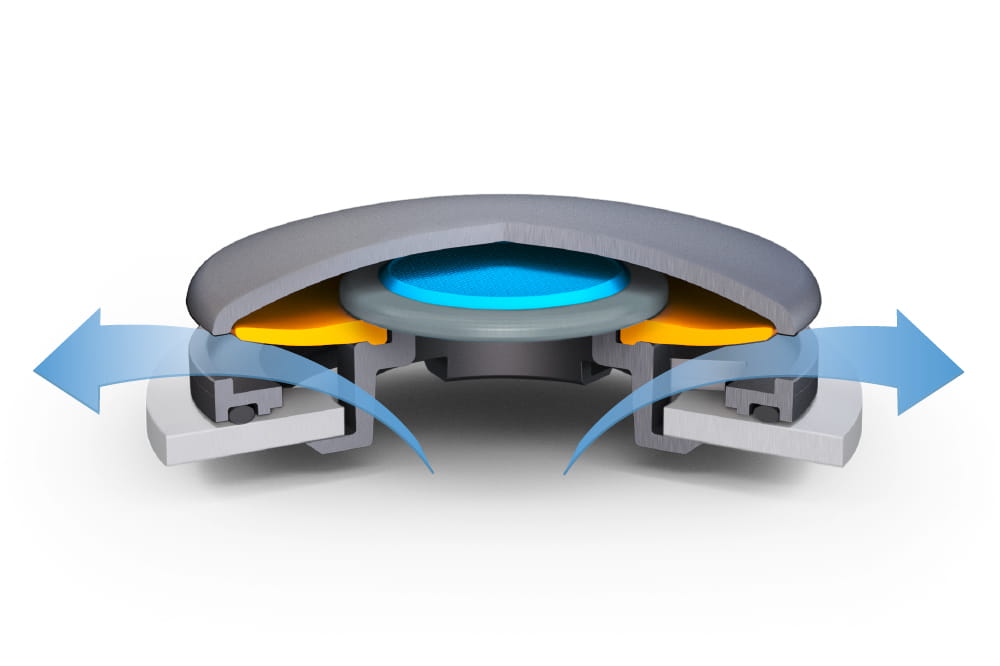Infographic of a DIAvent plastic part in cross-section with arrows shows how air pressure escapes from the inside to the outside.