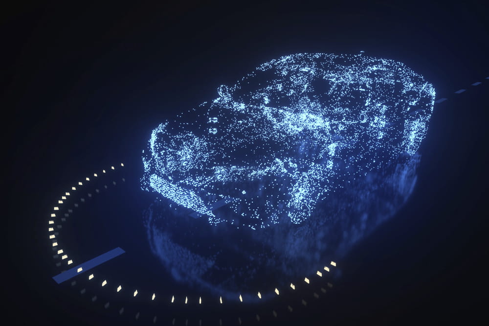Animation of a car made up of tiny lights. 