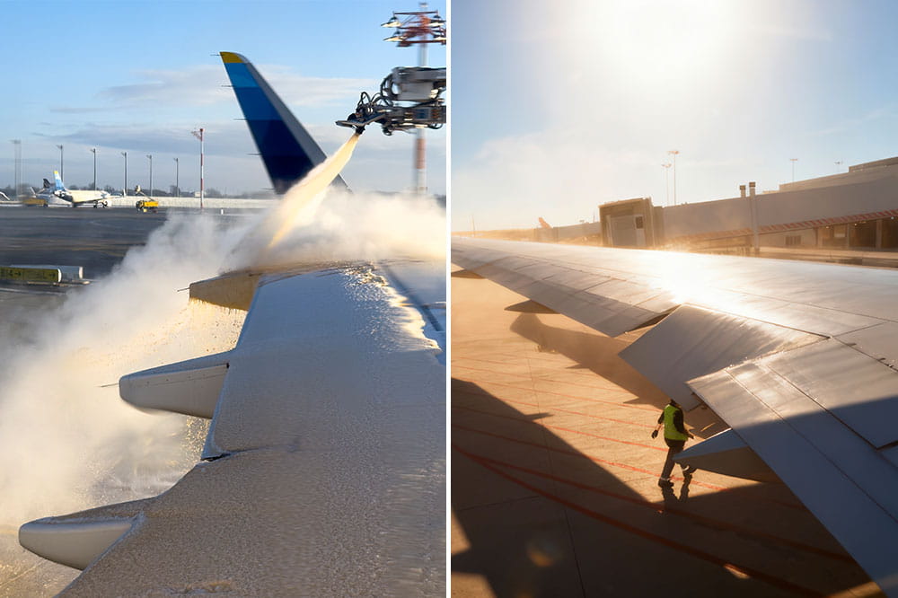 Split-screen visualization: frost/ice on an aircraft wing on the left, sun/UV radiation on the right