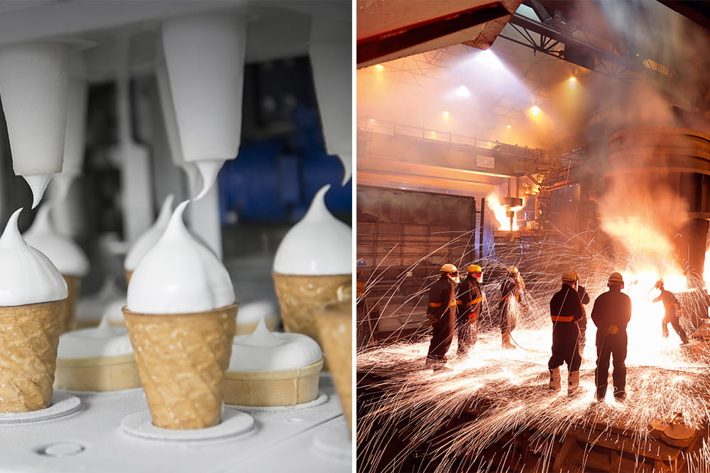 Soft ice production machine and several workers in safety clothes in steel mill