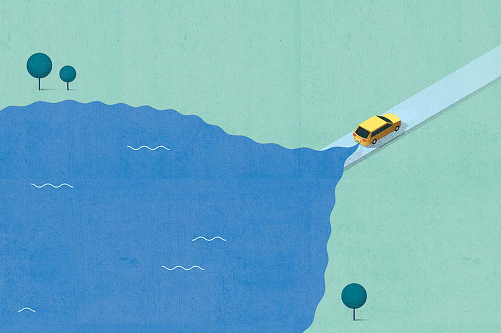 Illustration eines Autos, dessen Abgaswolke aus Wasser besteht. 