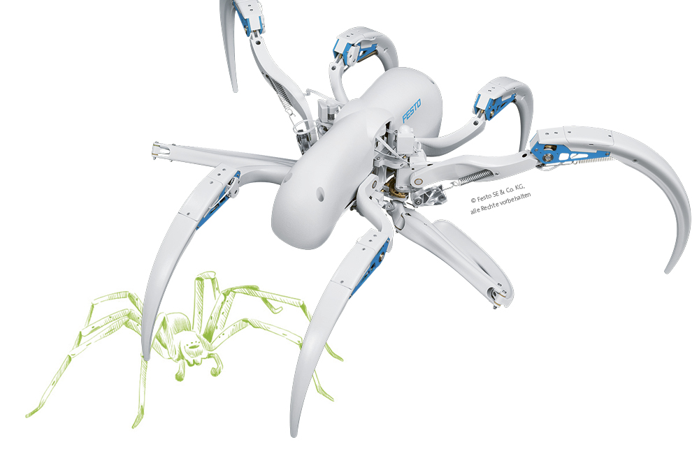 Blau-weißer Roboter in Form einer Spinne mit einer grünen Illustration einer echten Spinne im Hintergrund.