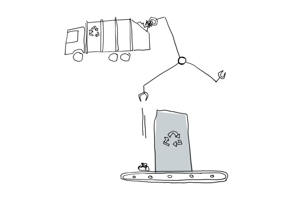 Illustration eines Müllabfuhrautos aus dem ein Greifarm Müll auf ein Fließband legt mit einem Recycling Symbol darauf.