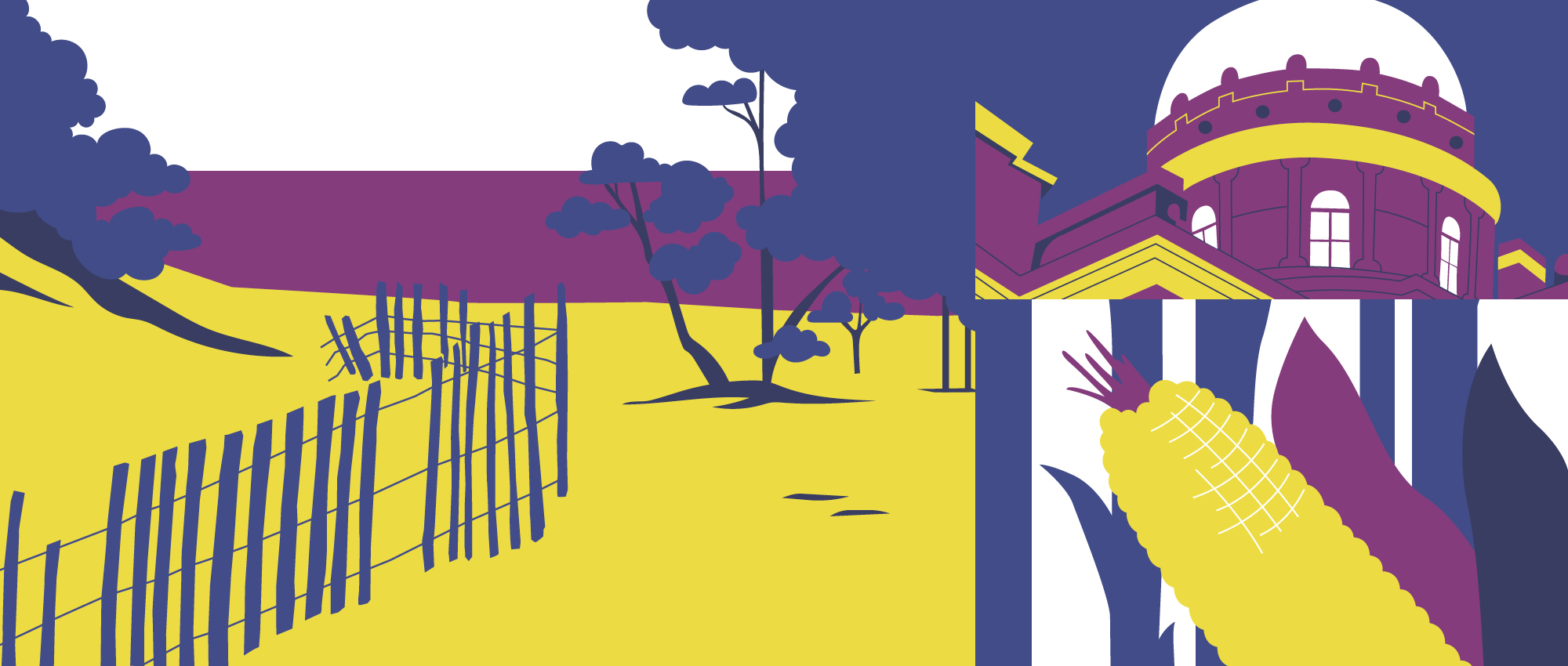 Illustration einer Weide, einer Kirche und eines Maiskolben.