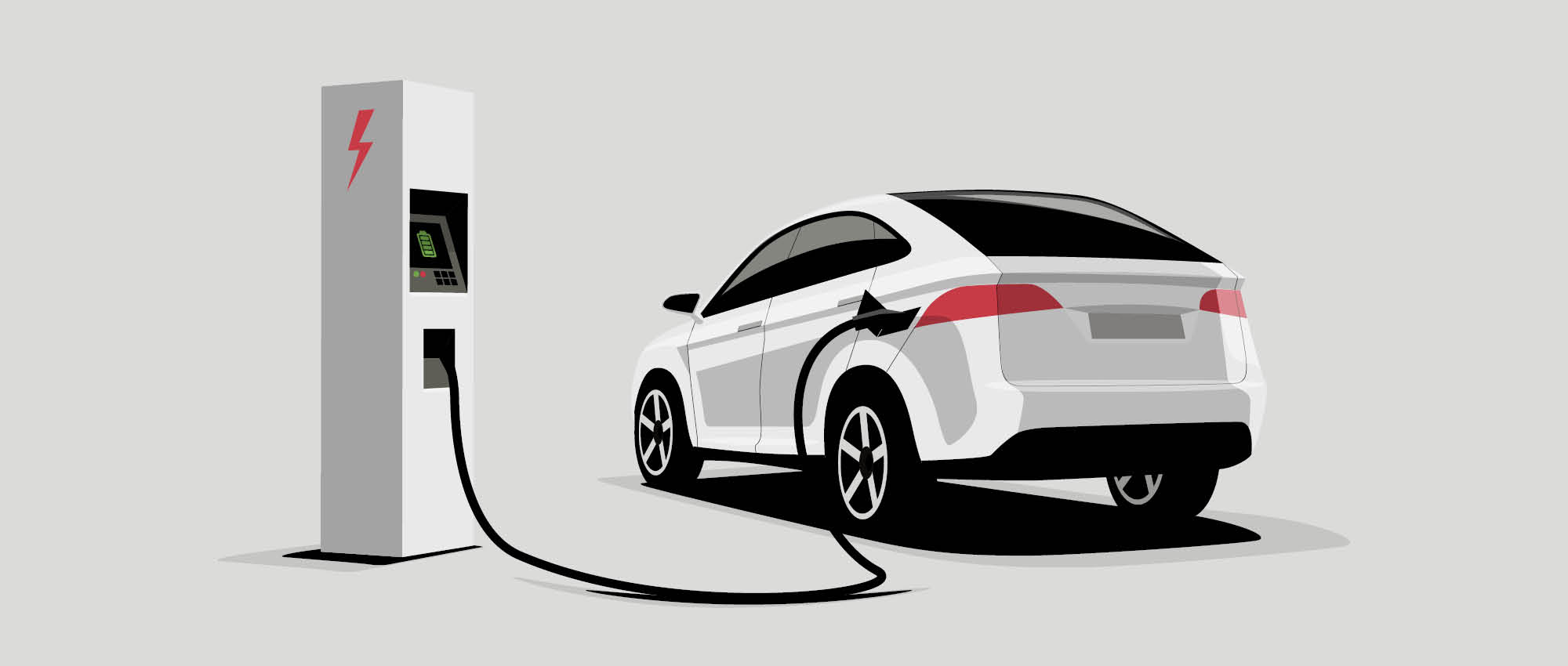 Illustration eines E-Autos an einer Ladestation. Copyright: Shutterstock/petovarga