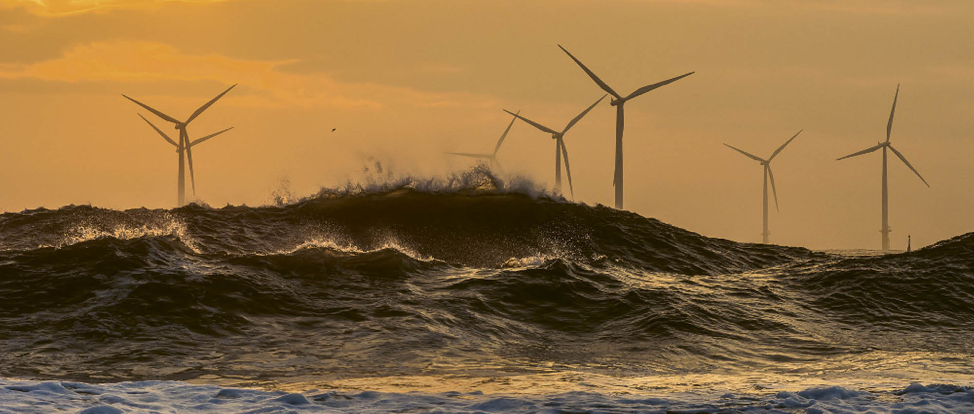 Sonnenuntergang am Meer mit Windrädern hinter den Wellen.