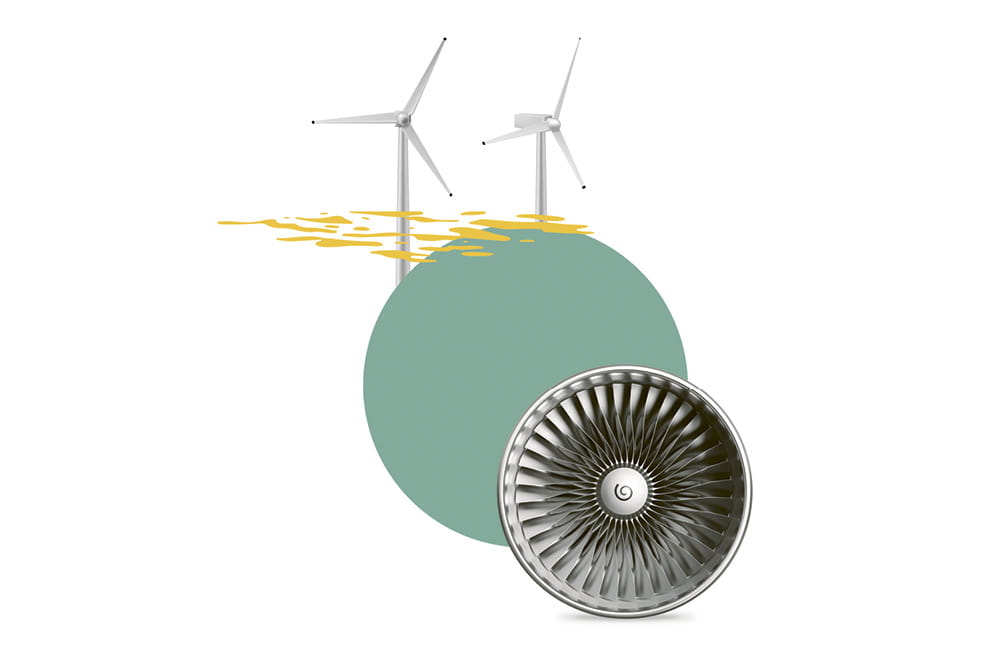 Collage mit Windrädern und einem Ventilator.