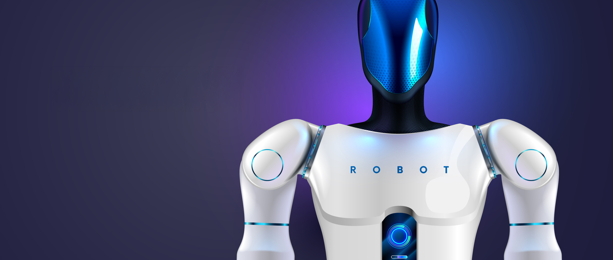 Ein Roboter in menschlicher Gestalt mit einem blau schillerndem Kopf.