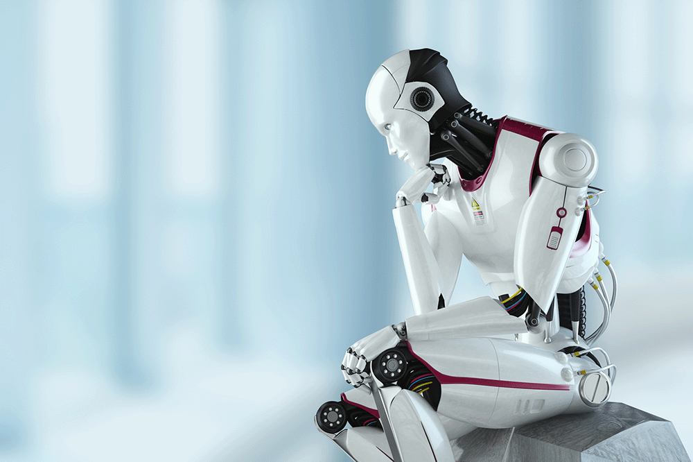 Ein humanoider Roboter sitzt und denkt nach, ähnlich der Pose von „Der Denker“.