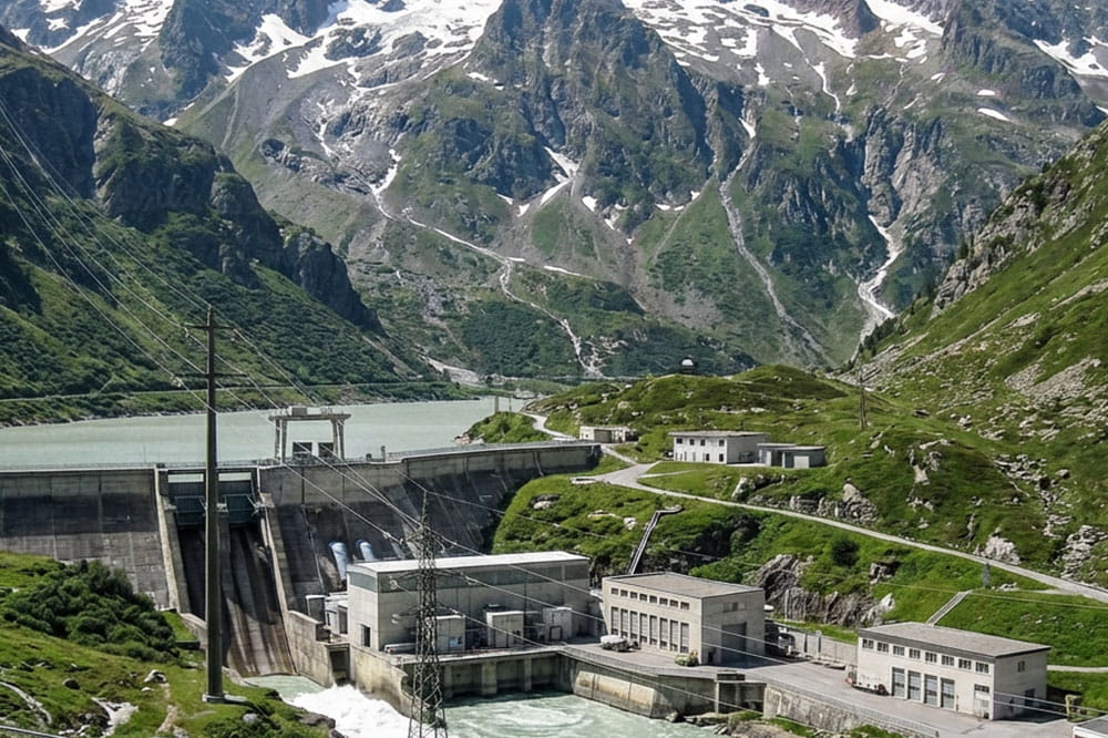 Bergstaumauer mit schneebedeckten Gipfeln im Hintergrund