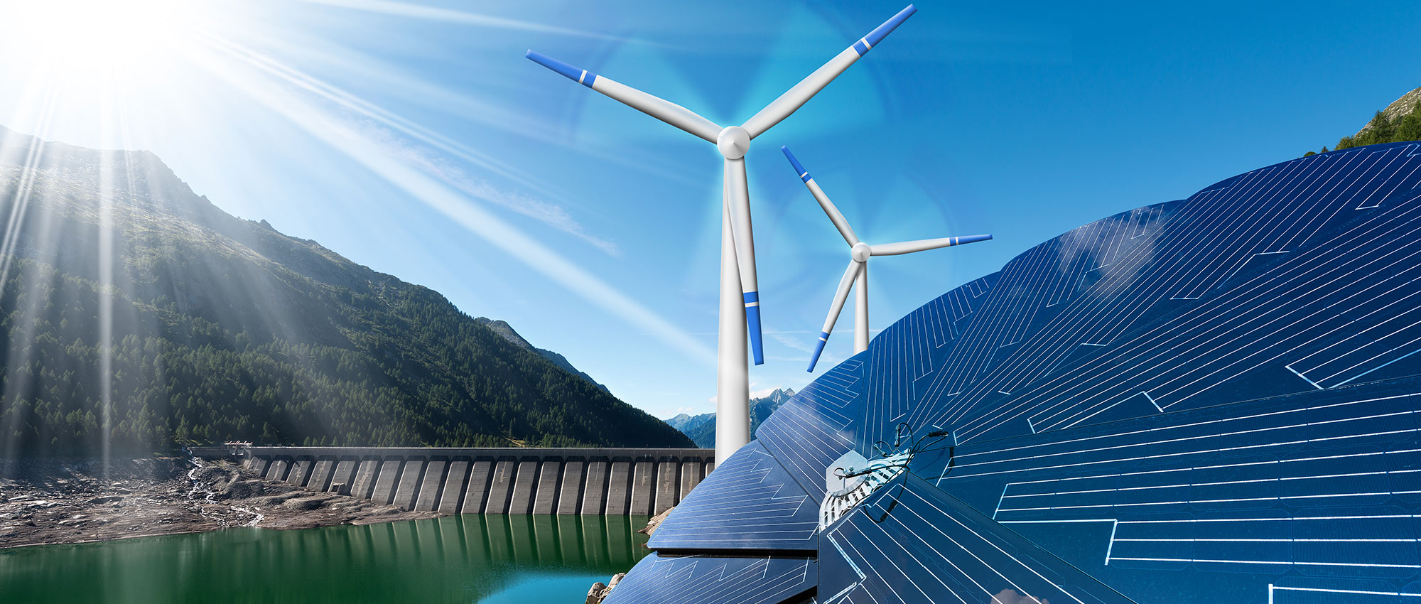 Solarpanels und Windkraftanlagen, die neben einem Wasserkraftwerk und einem Stausee unter strahlendem Sonnenschein erneuerbare Energie erzeugen
