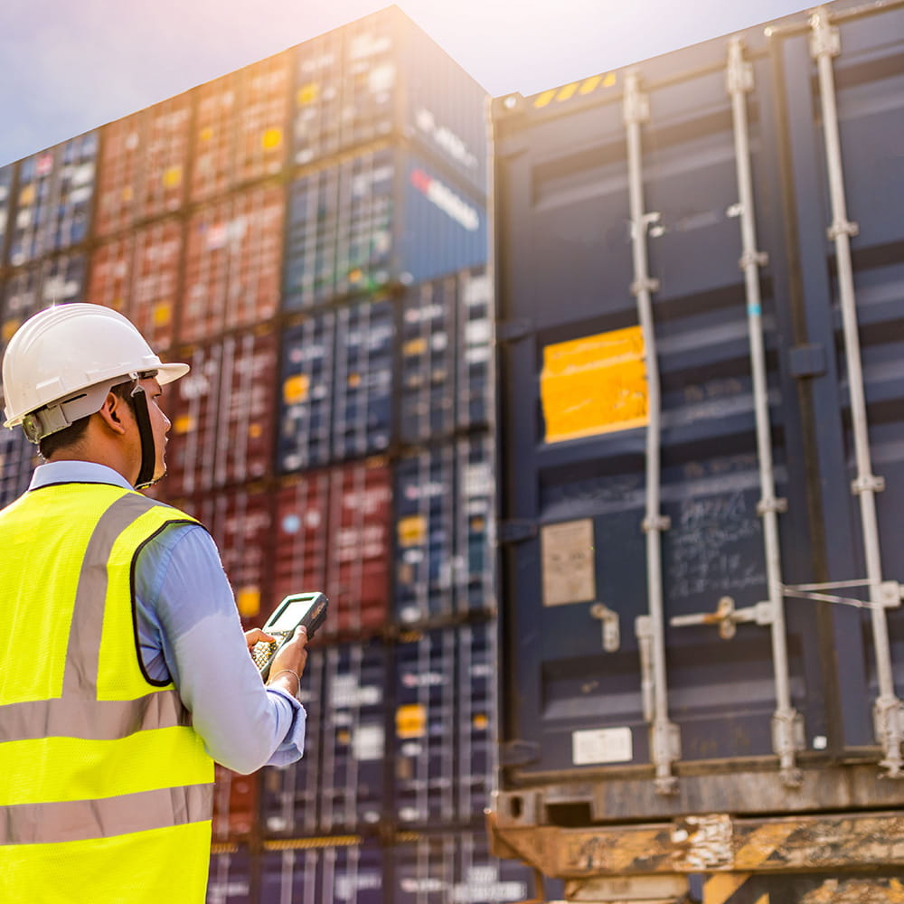 Mann mit Warnweste und Helm kontrolliert Container Fracht